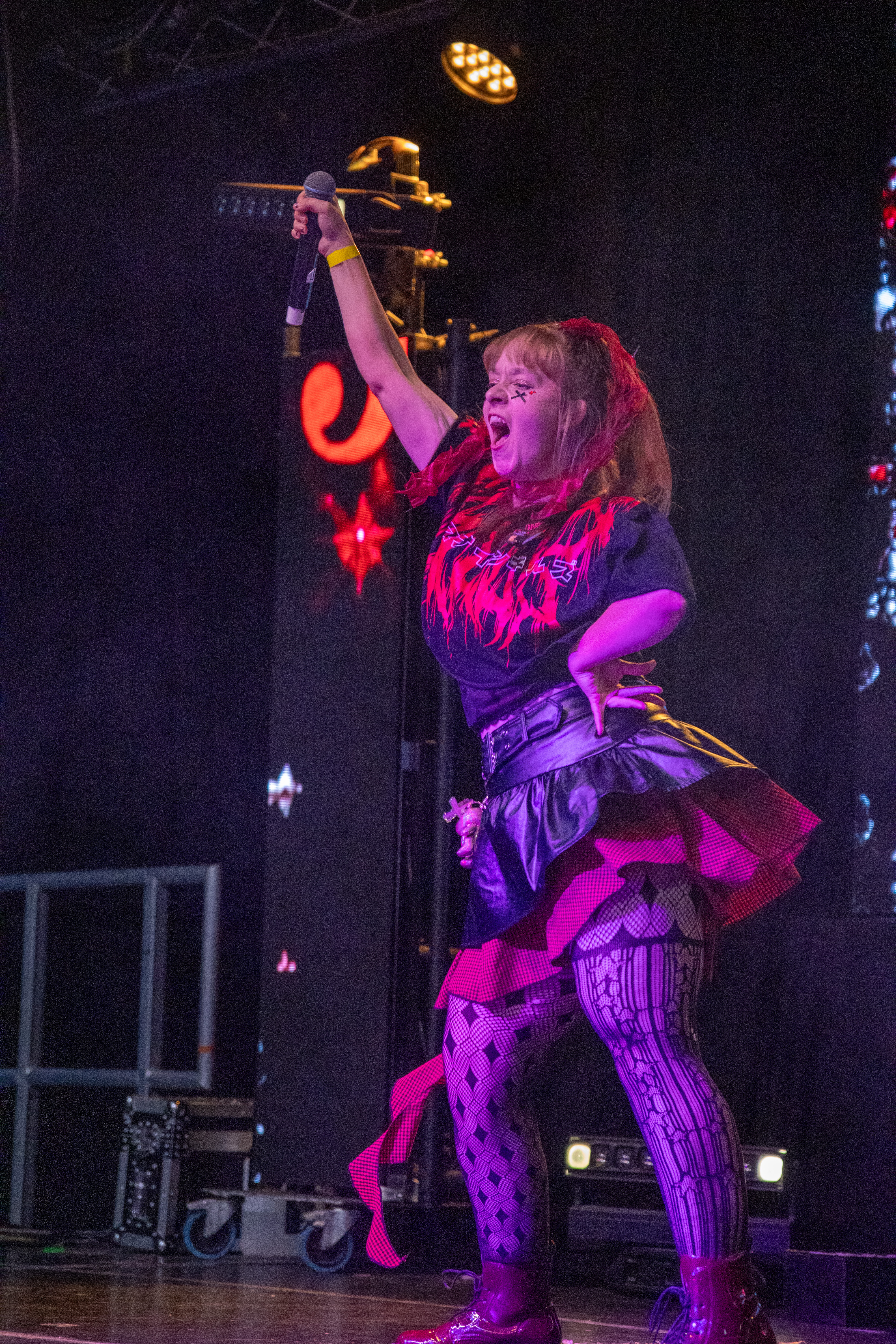 Singer with arm raised at the front of the stage